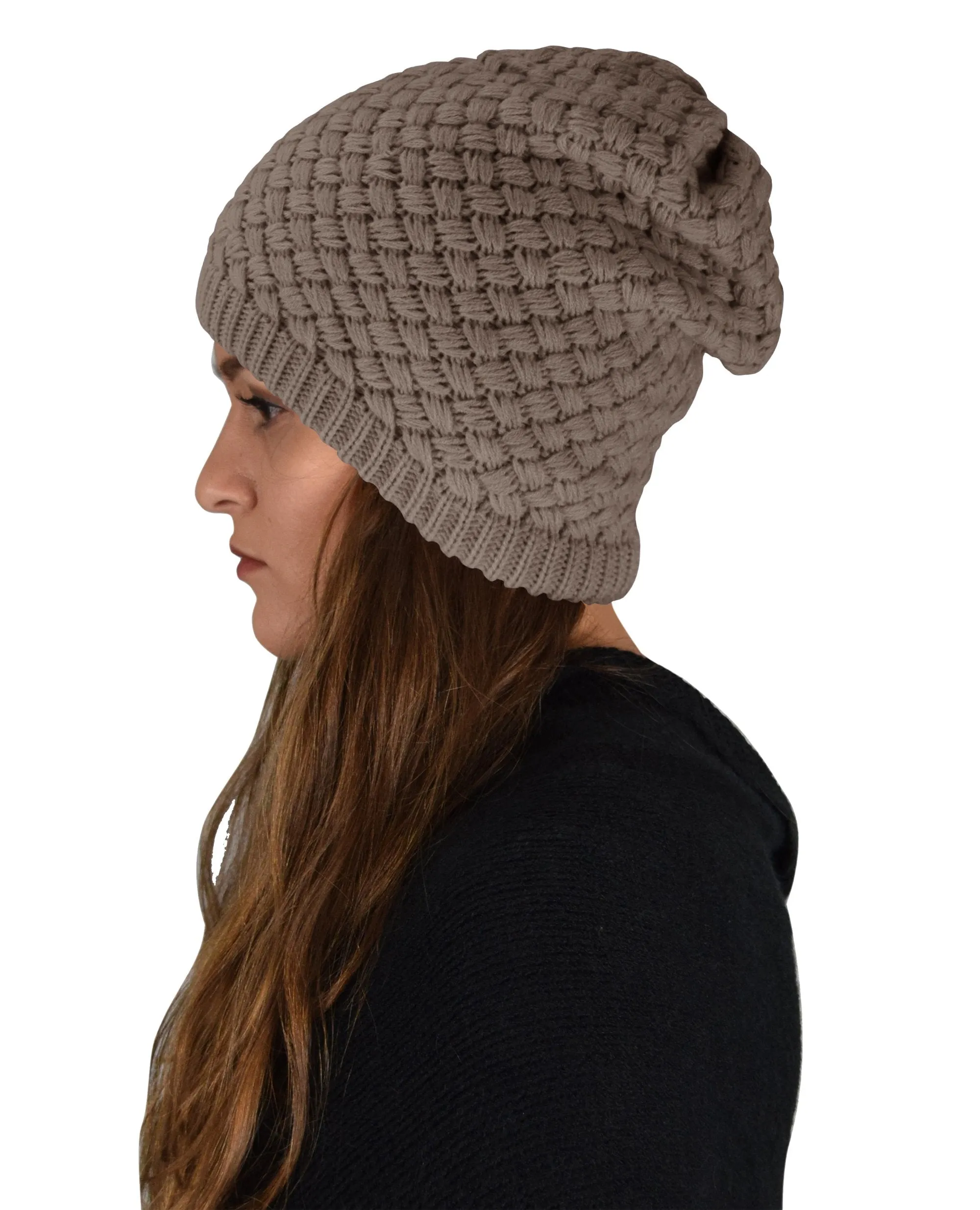 Taupe Thick Crochet Knit Double Layer Beanie Slouchy Hat