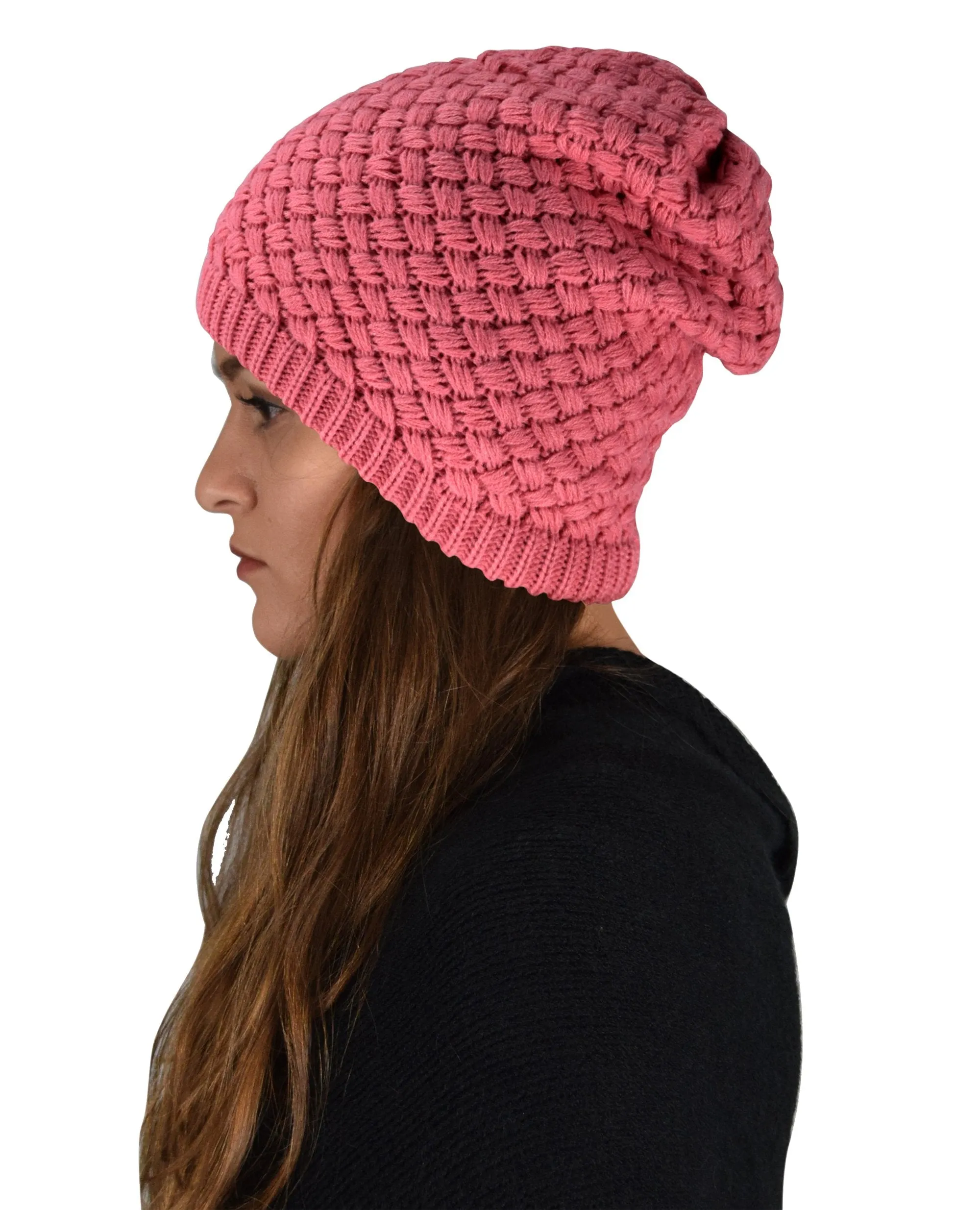 Taupe Thick Crochet Knit Double Layer Beanie Slouchy Hat
