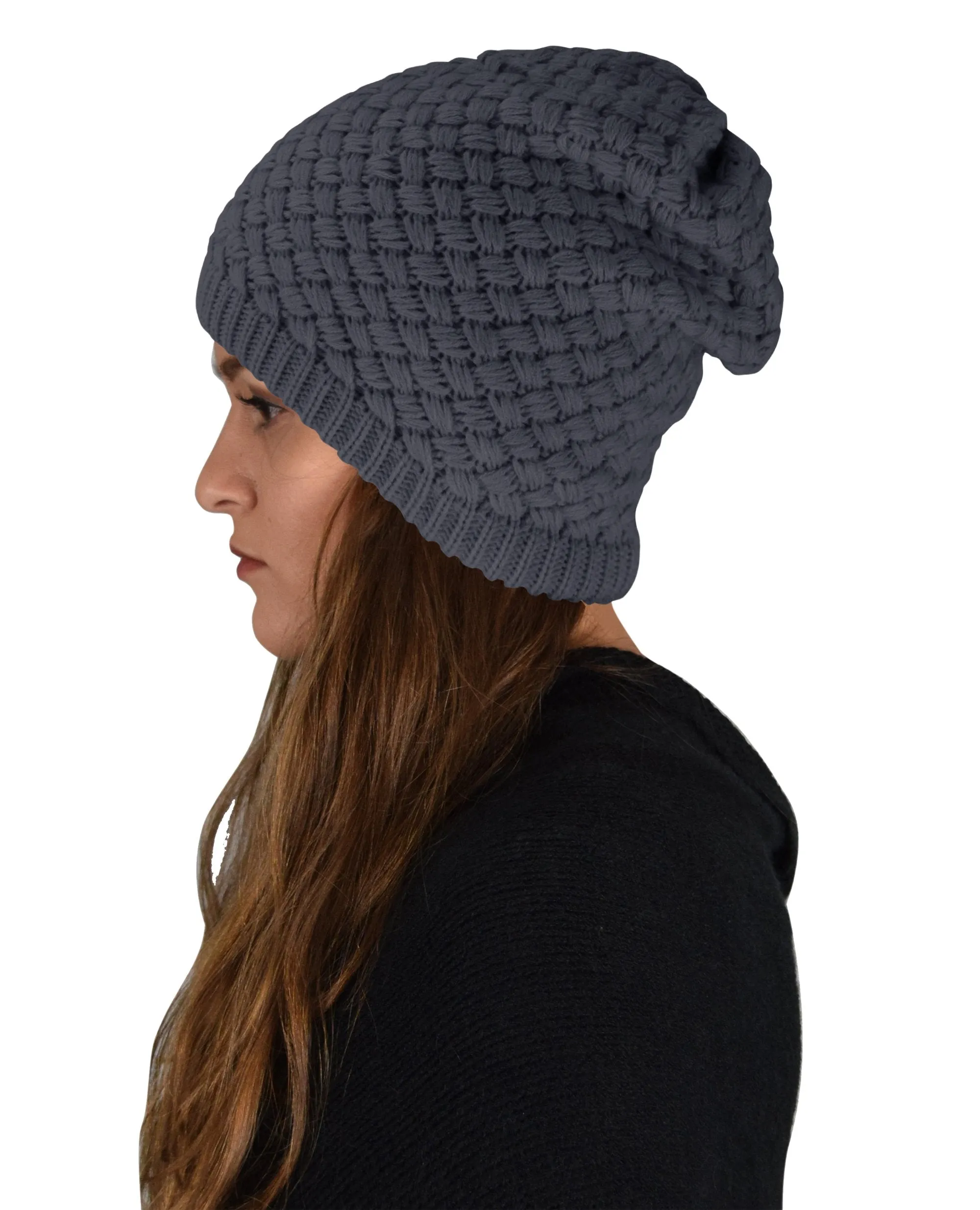 Taupe Thick Crochet Knit Double Layer Beanie Slouchy Hat
