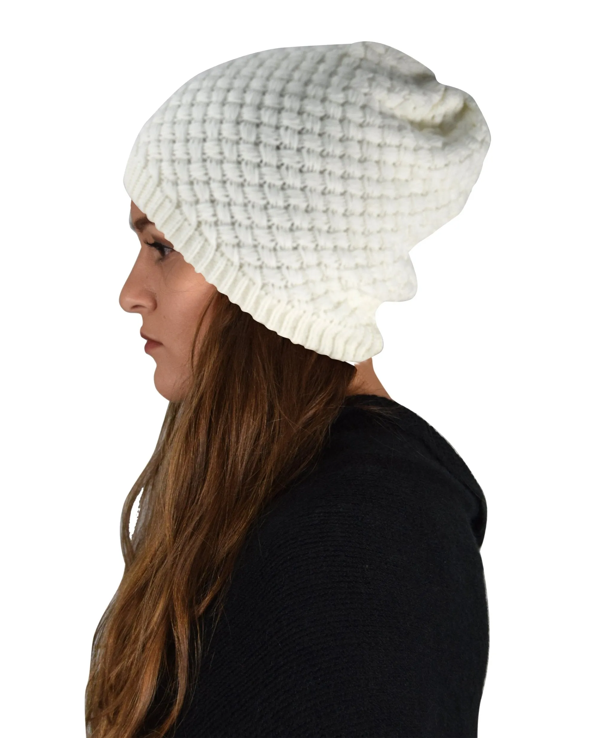 Taupe Thick Crochet Knit Double Layer Beanie Slouchy Hat