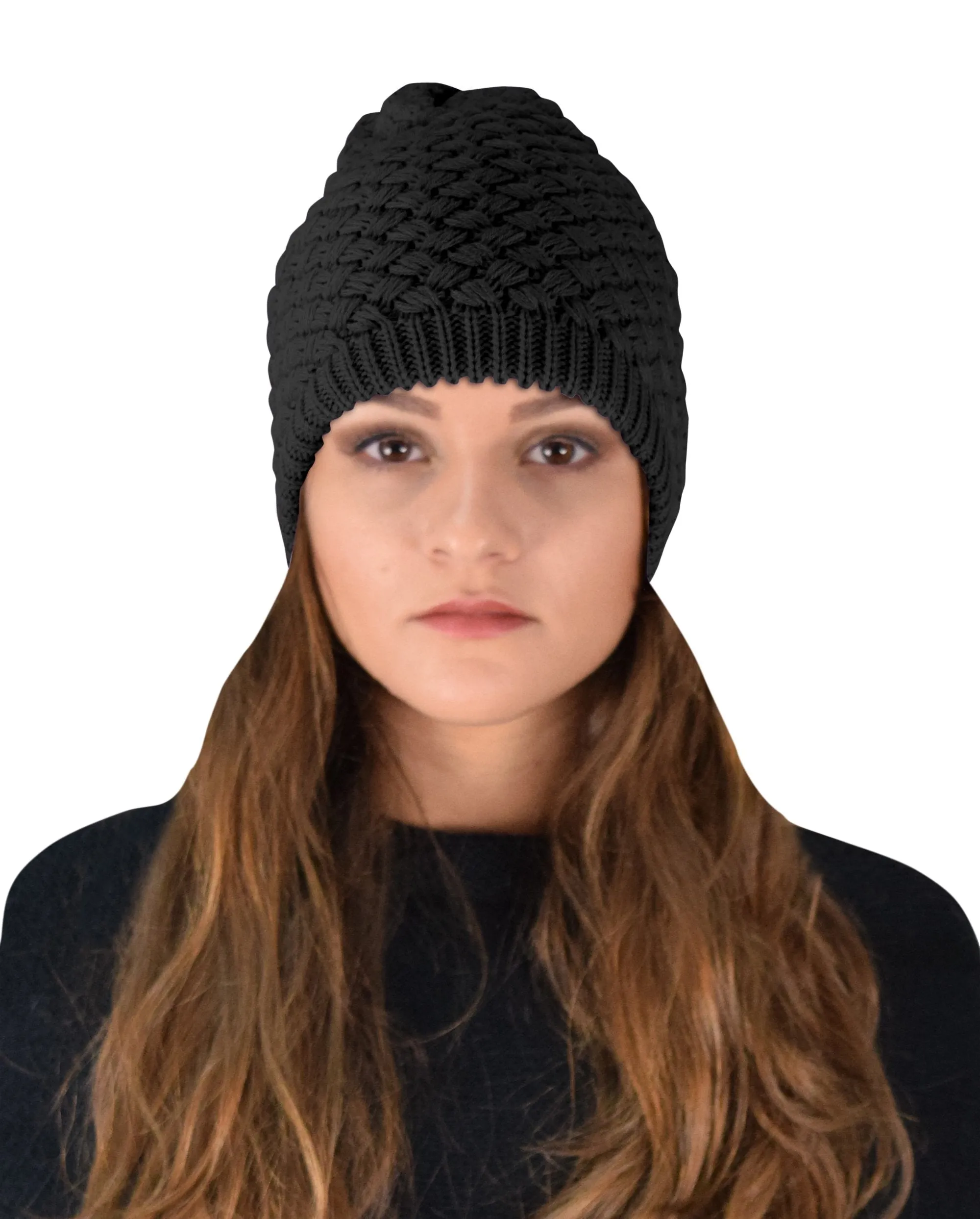 Taupe Thick Crochet Knit Double Layer Beanie Slouchy Hat
