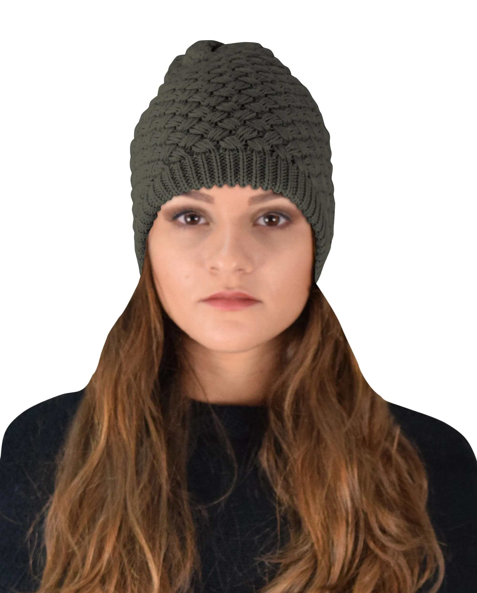 Taupe Thick Crochet Knit Double Layer Beanie Slouchy Hat