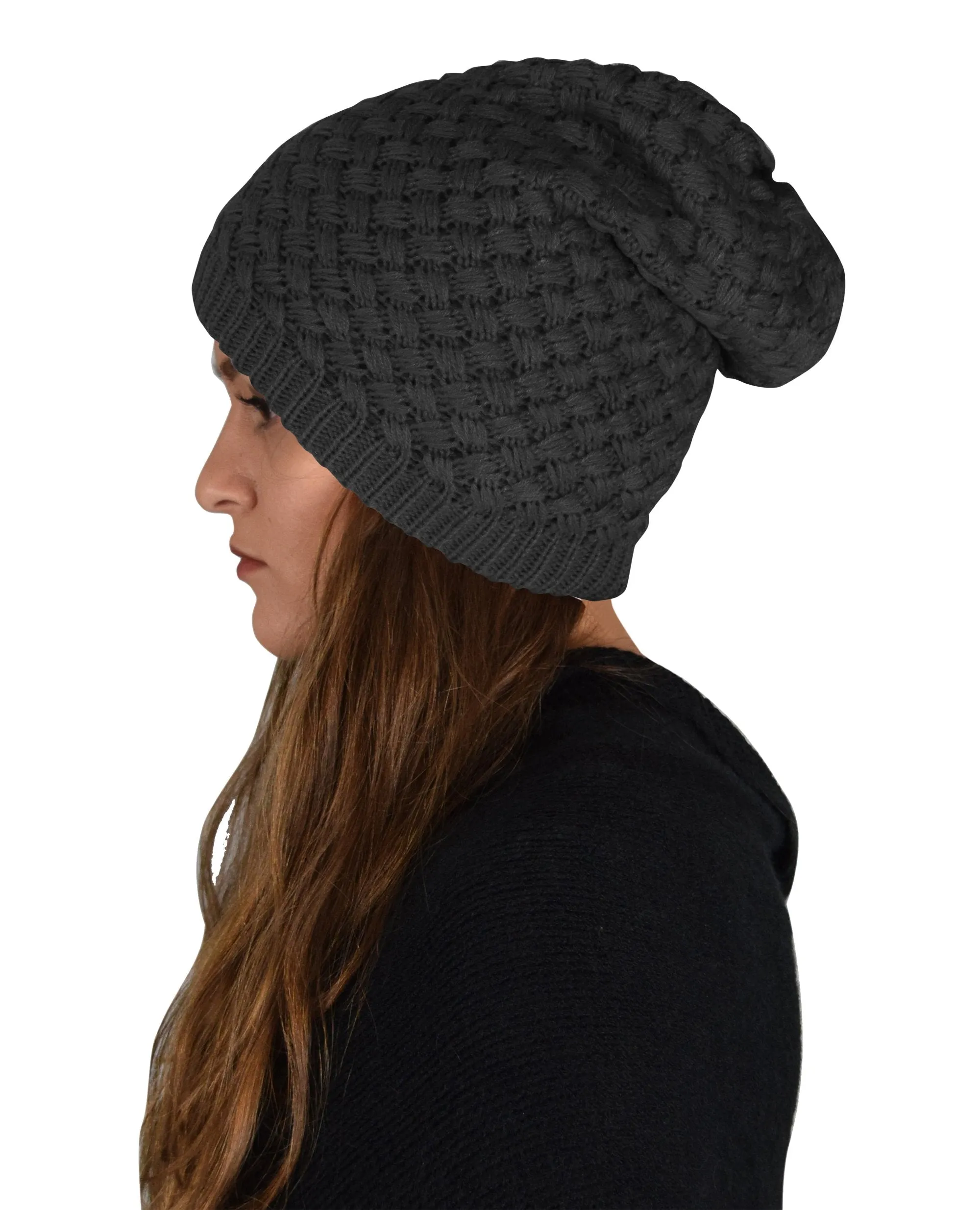 Taupe Thick Crochet Knit Double Layer Beanie Slouchy Hat