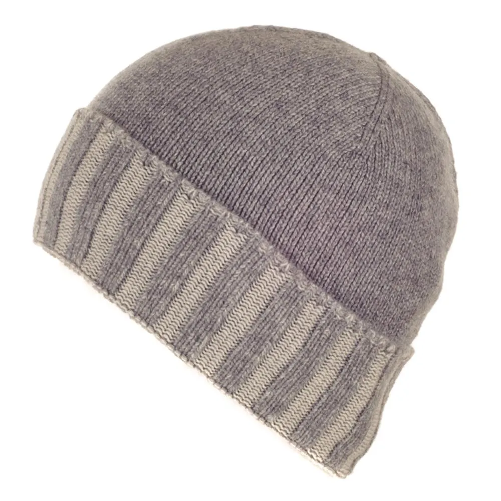 Two Tone Grey Cashmere Beanie Hat